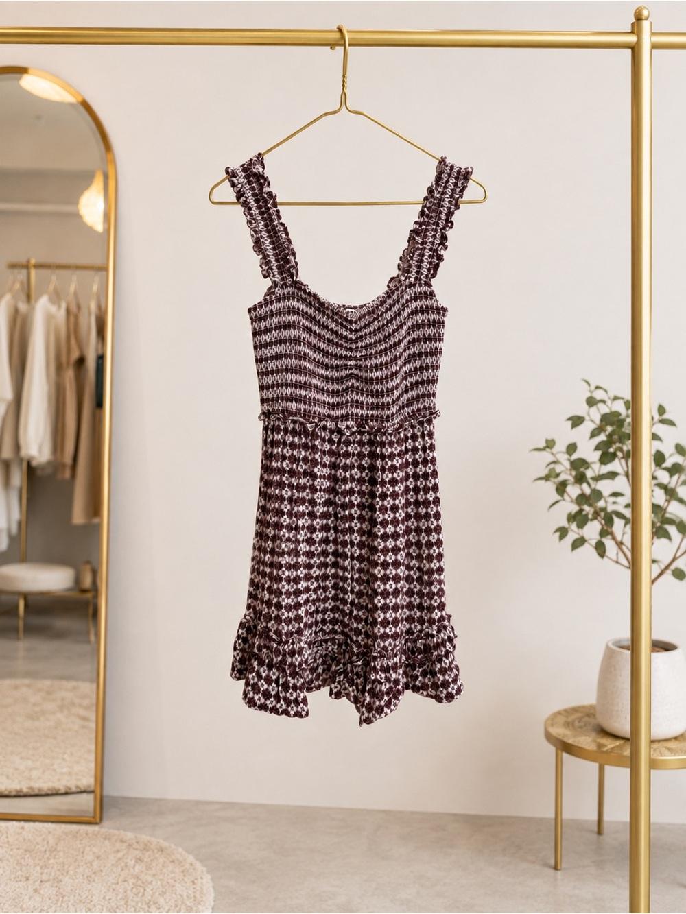 Skylar + Madison Smocked Ruffle Mini Dress Size S Burgundy Cream